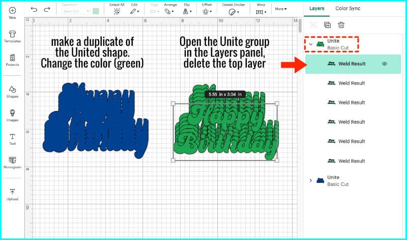 design space screenshot showing united text layers, colored blue, used to create the next rainbow layer. The blue layer is duplicated, the copy is changed to green, the Unite group for the green layer is opened in the layers panel, and the top layer of text is deleted