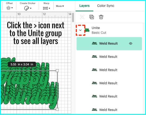 screenshot of design space showing where to click the arrow in the layers panel to open a specific Unite group