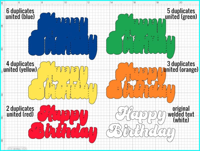 screenshot of all completed layers for the rainbow text Happy Birthday cake topper. The white top layer and 5 colored layers made from uniting different numbers of text copies are all shown