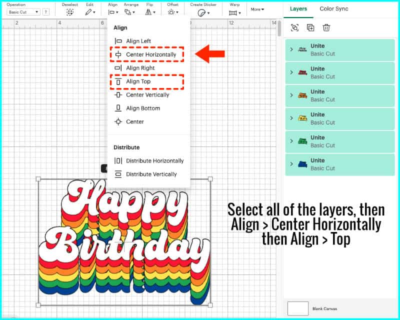 design space screenshot showing all rainbow text layers aligned. Layers are all selected, then aligned at the top and centered horizontally
