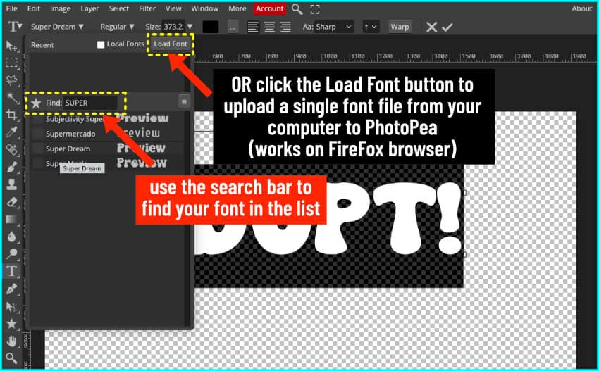 screenshot showing how to use system fonts using the Load Fonts option. screenshot from a mac using Firefox browser