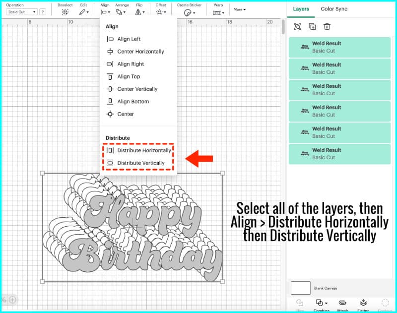 screenshot showing how to align all copies of text to create layered rainbow text that skews to the bottom right