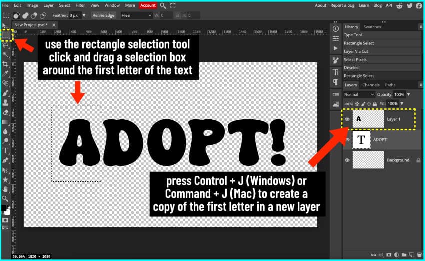 screenshot showing how to use the rectangle select tool to isolate a single letter to use as a clipping mask when making a photo collage. Cmd/ctl +J creates a new layer via copy for the single letter