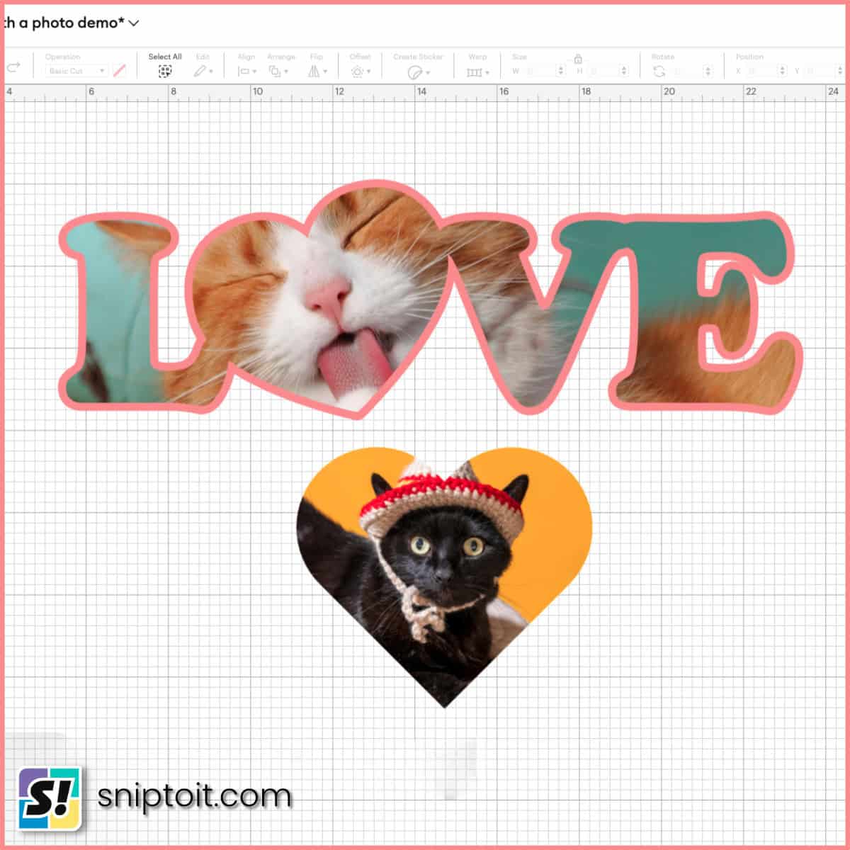 screenshot of text and shape filled with photos using slice and pattern fill in Cricut Design Space