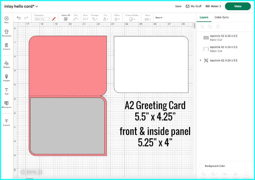design space screenshot showing an A2 size card base with front and inside panels. The card features a modified design of two opposite rounded corners and two opposite right angle corners
