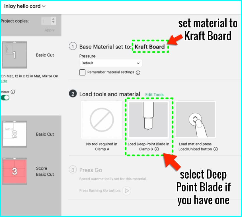 screenshot of set load and go screen in design space showing the selection of the kraft board setting with the deep point blade to cut the custom striped cardstock