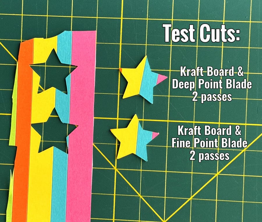 photo of stars cut out of a scrap of striped custom cardstock, showing the importance of doing a test cut
