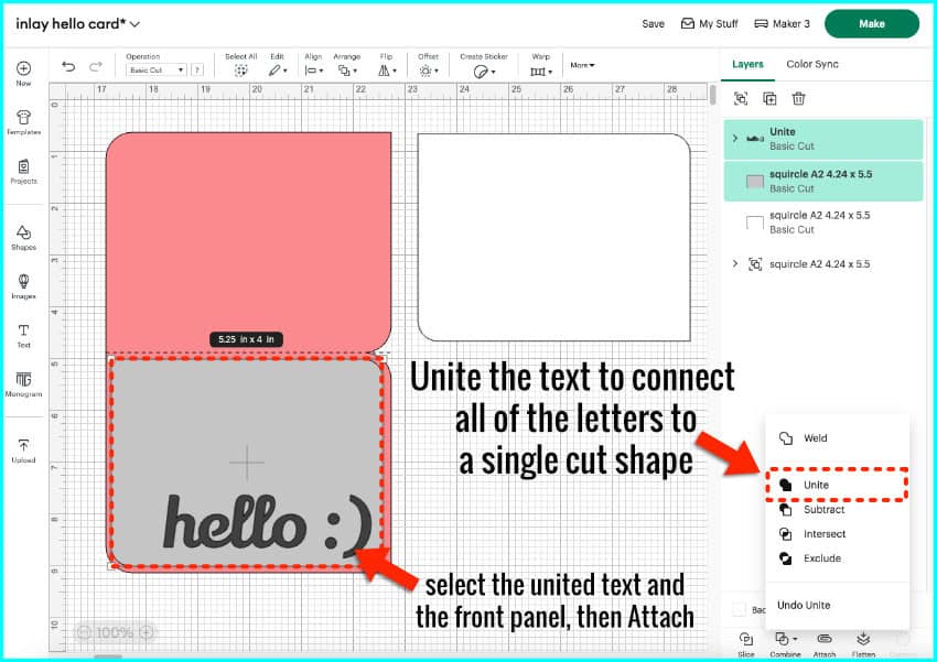 screenshot of the Design Space canvas showing script text added and united into a single cutting shape, then attached to the front panel shape, so the text will be cut out of the larger shape by the Cricut machine