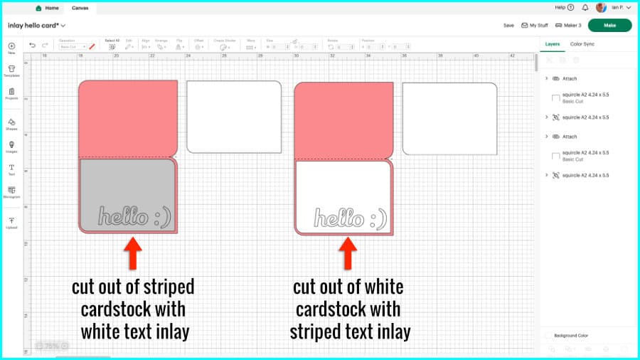 design space screenshot showing the card project duplicated and modified so one card will have the front panel cut out of the custom striped cardstock, and the second card will have the front panel cut out of white cardstock