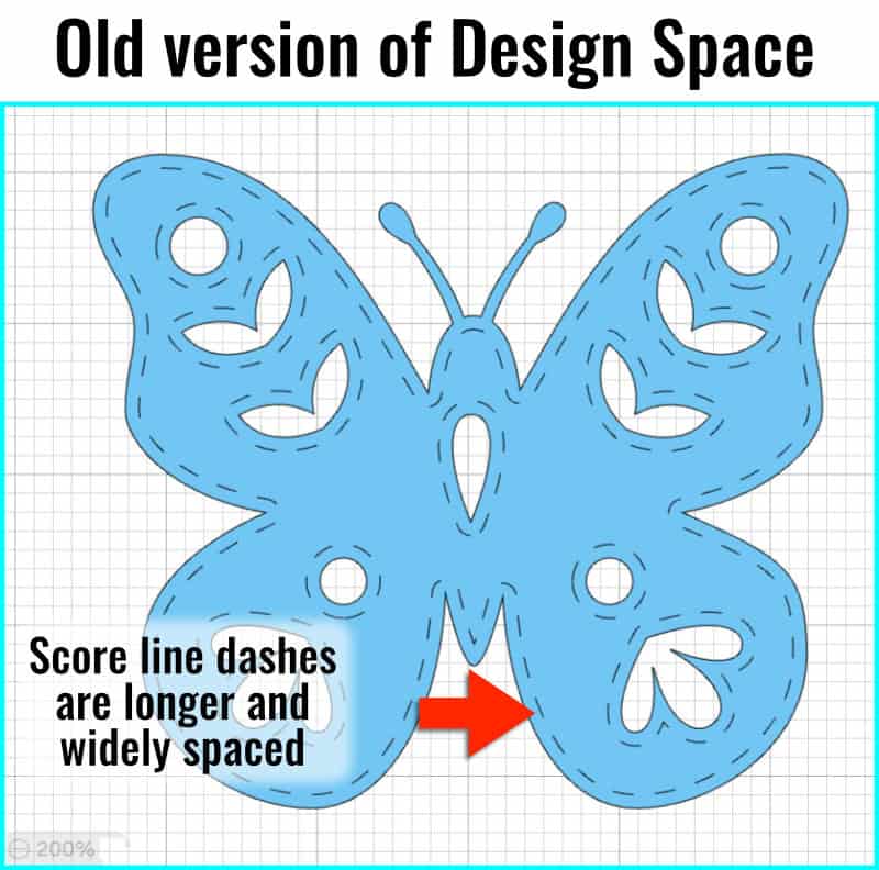 closeup image showing the appearance of the score line in an old version of Design Space. If you zoom in on the image, the score line appears as numerous shorter dashes relative to to the original shape, but if you zoom out, the dashes appear less numerous and larger, relative to the original shape