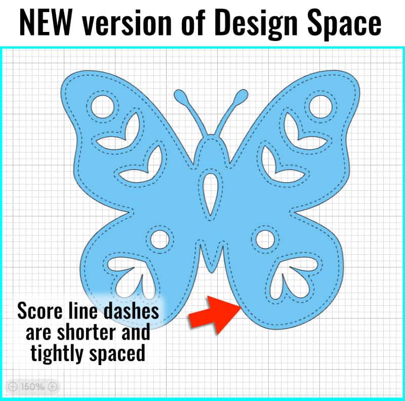 closeup image showing the appearance of the score line in the newest version of Design Space. The dashes in the score line are the same size and density no matter how much you zoom in or zoom out