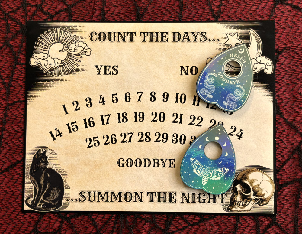 photo of finished ouija-inspired halloween countdown calendar with 3D cardstock planchette magnets to mark the days