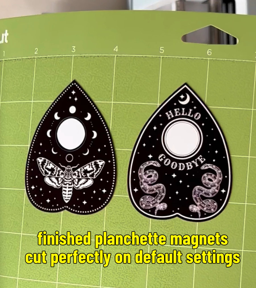 photo of planchette images cut out of magnet sheets, weeded on green cutting mat