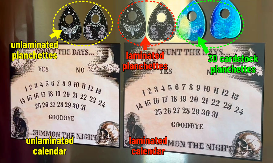 photo of finished project: unlaminated countdown calendar, laminated countdown calendar; planchette magnets cut from magnet sheet and unlaminated; planchette magnets cut from magnet sheet with overlay; and 3D planchette magnets made with cardstock and printable vinyl