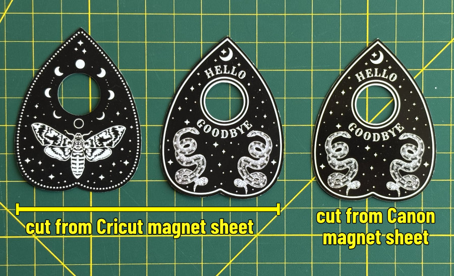 photo of unlaminated planchette magnets cut using Cricut brand and Canon printable magnet sheets