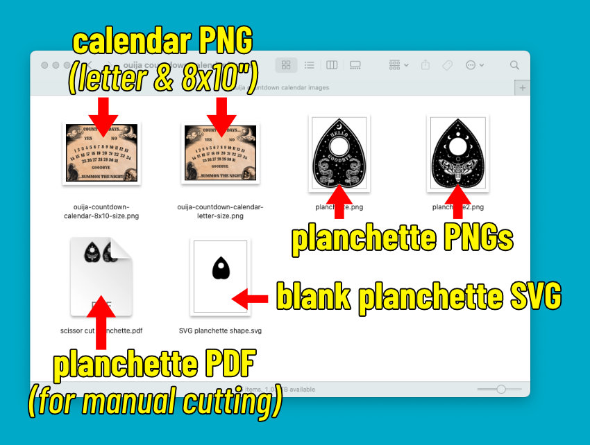 free files for creating the halloween countdown calendar: letter size and 8x10" countdown calendar PNGs, planchette PNGs, blank planchette SVG, and a PDF with both planchette designs
