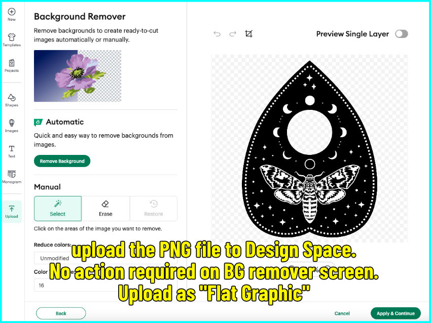 screenshot of the process of uploading planchette PNG images to Cricut Design Space