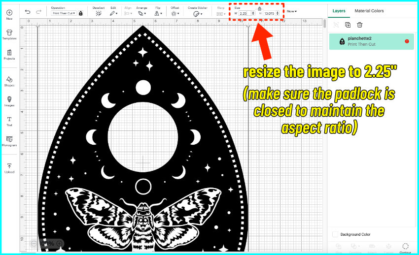 screenshot of resizing planchette images in Design Space