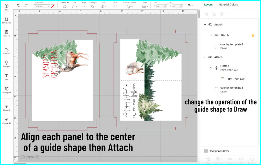 screenshot showing front and inside designs for double-sided print then cut christmas card attached to a guide svg to fix their positions for printing