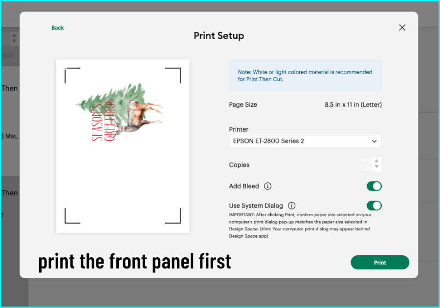 screenshot showing front image for double-sided print & cut card being sent to printer