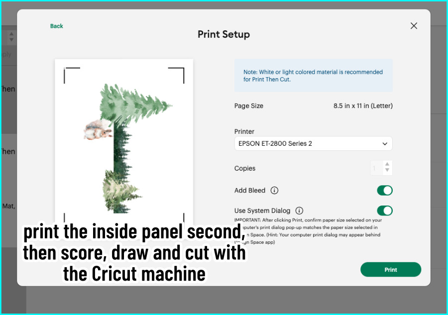 screenshot of sending the inside image of a doulbe-sided print then cut christmas card to print via design space