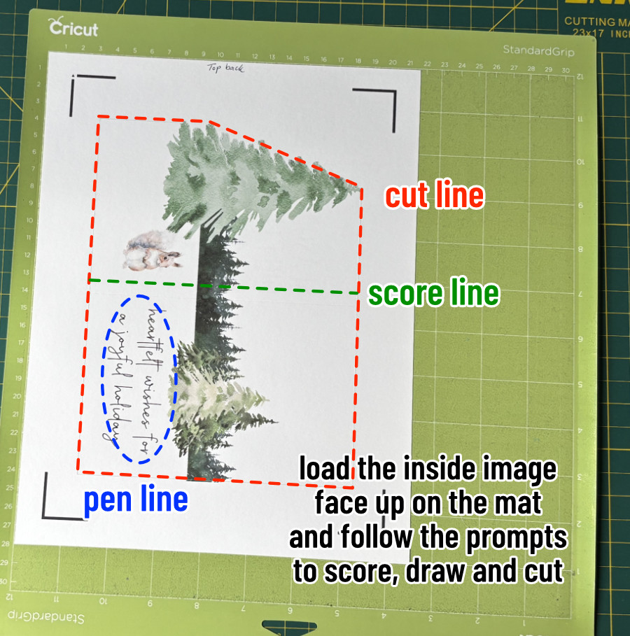 photo of printed cardstock for side edge double-sided print then cut christmas card mounted on cutting mat, showing inside image facing upward