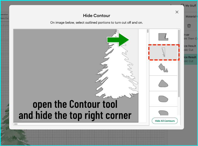 screenshot showing design space contour tool being used to remove the top right corner of a sliced card base to create a side edge card