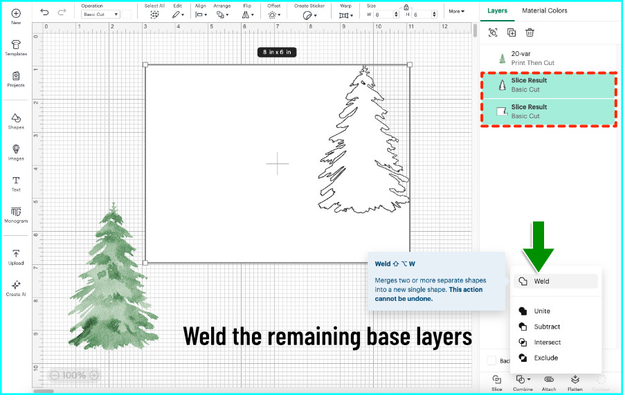screenshot showing welding of bottom 2 layers after slice, in order to create side edge card