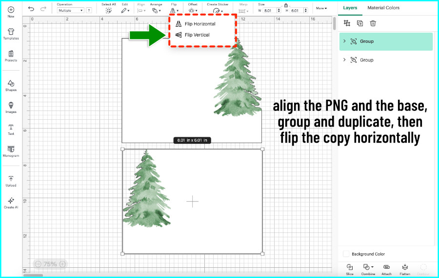 screenshot showing design space canvas with completed front and duplicated, mirrored inside for side edge double print then cut christmas card