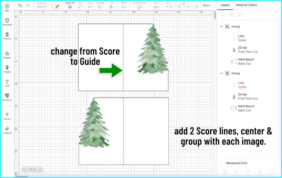 screenshot of design space canvas showing adding a score line and guide line to front and inside design for side edge double-sided print then cut card