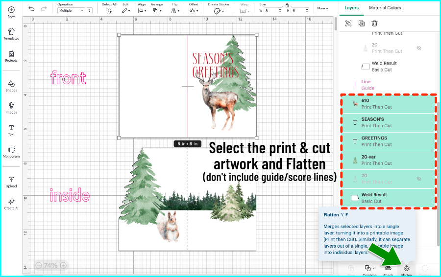 screenshot showing print and cut images and text added to card inside and front, showing flattening of artwork to card base