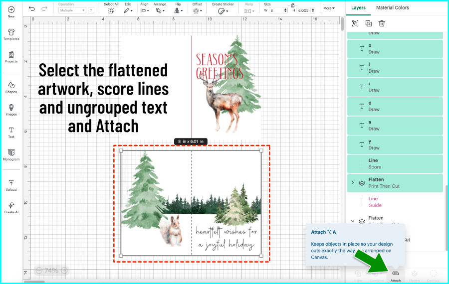 screenshot of design space canvas showing score line and ungrouped single line text being attached to the card base with flattened print then cut artwork