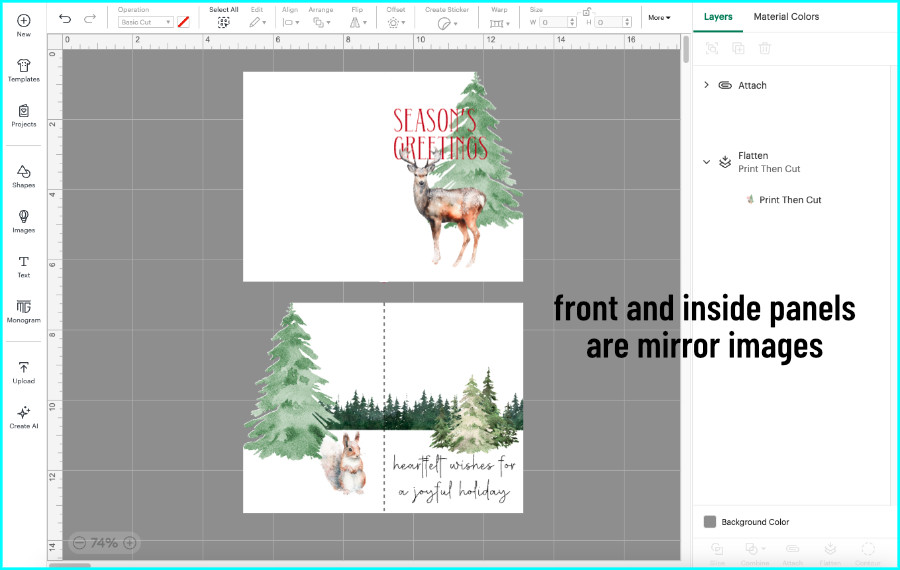 screenshot of design space canvas showing front and inside of side edge double-sided print & cut christmas card, showing that the front and inside have mirrored bases to align properly front and back