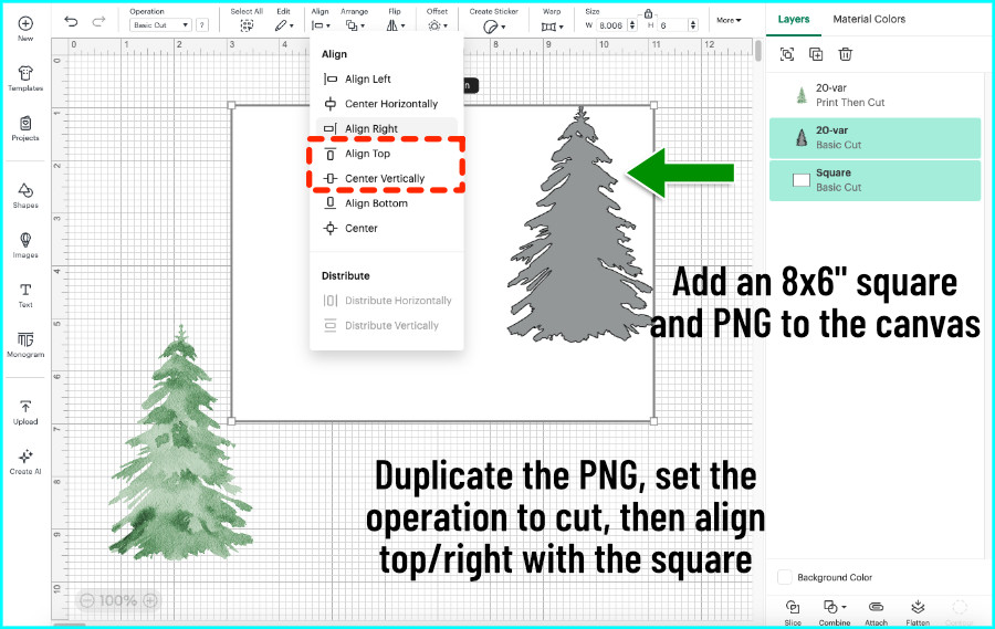 screenshot of design space canvas showing construction of card base for a double sided print and cut card. Rectangle and tree image are added to create a side edge