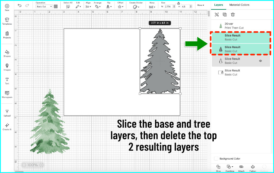 screenshot showing design space canvas, where a card base is being sliced with a tree shape to create a side edge