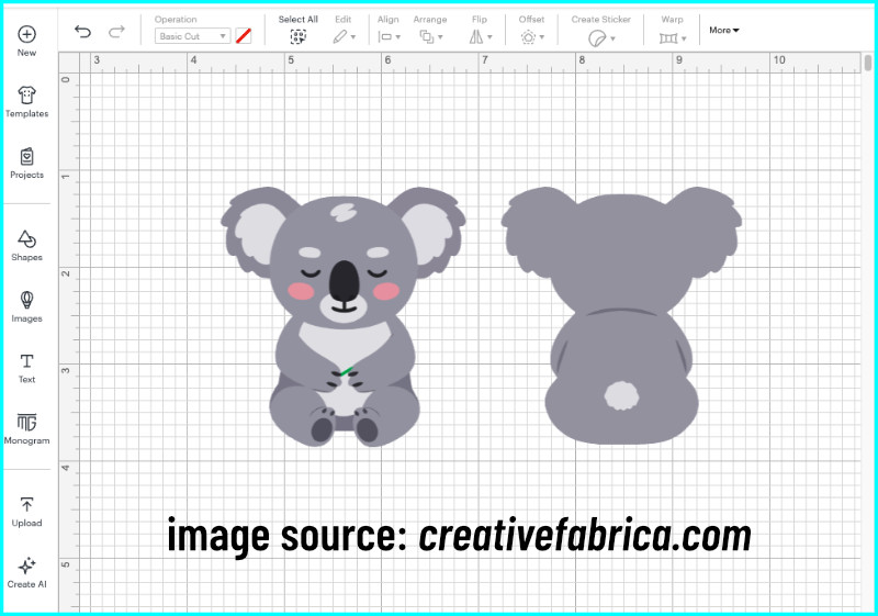 artwork for double sided print and cut tutorial, a koala seen from front and back