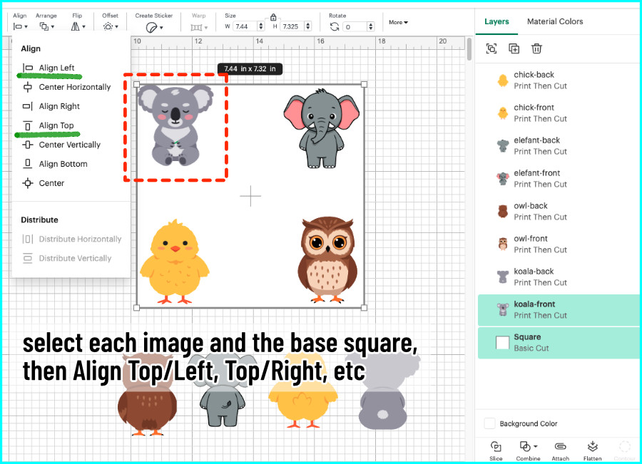 screenshot showing how to use the align tool in design space to create a full page of front images for double-sided print and cut