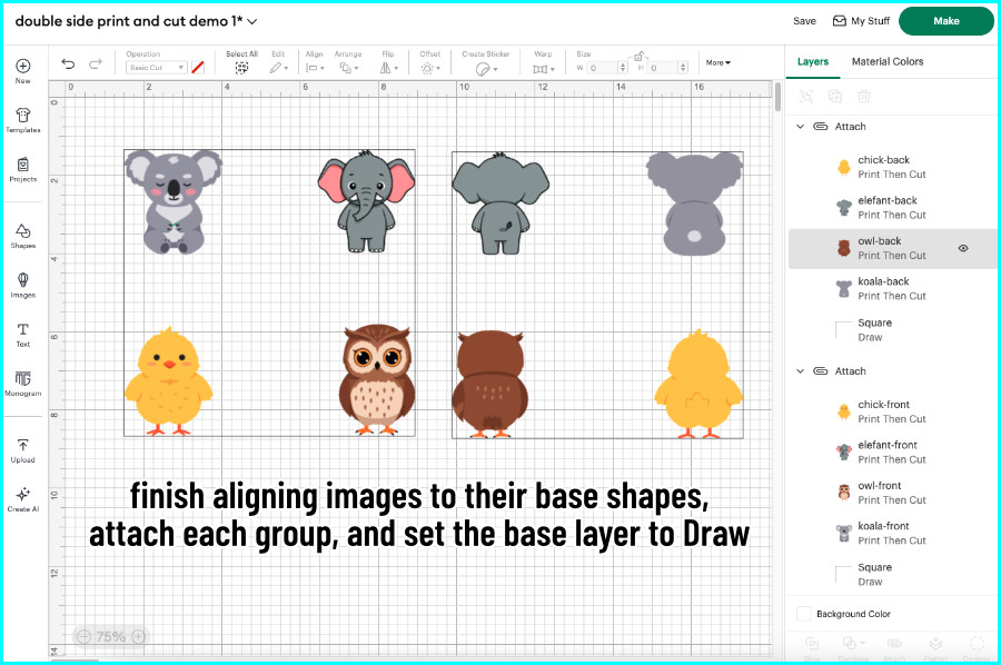 screenshot of design space canvas showing multiple front and back images aligned on 2 guide squares for double sided print then cut