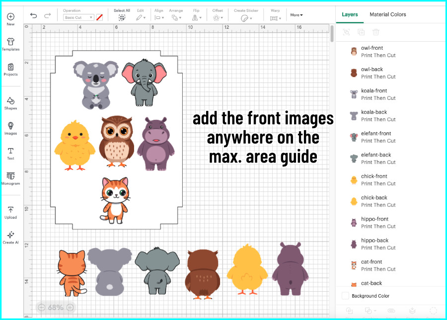 screenshot of arranging front images on max print then cut area guide shape for double sided print then cut
