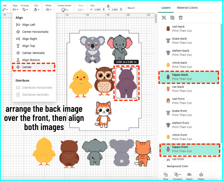 screenshot of aligning each pair of front and back images on the max print then cut guide shape to prepare for double sided print then cut