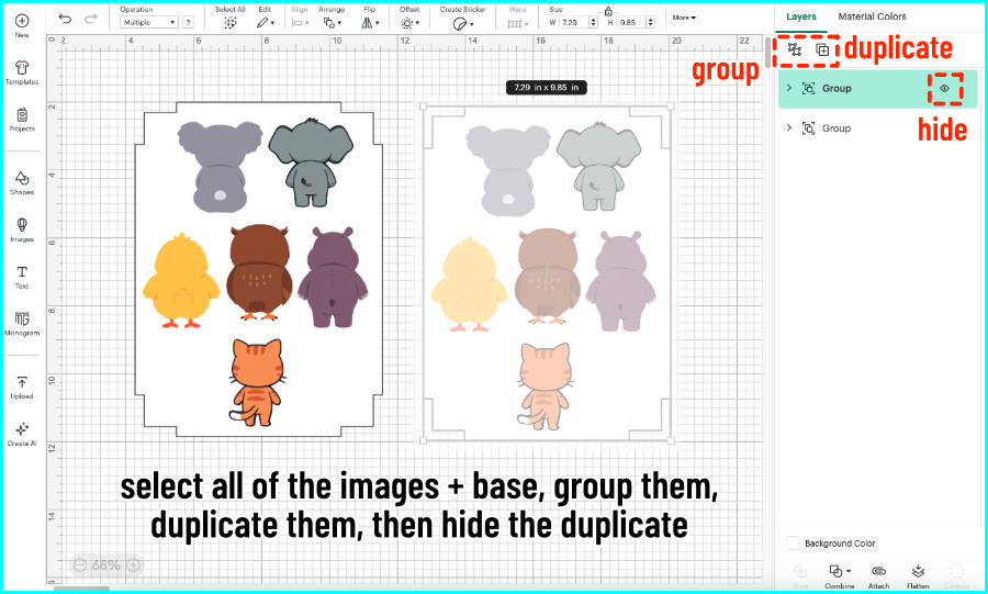 screenshot of design space canvas showing prep for double sided print then cut that will use all of the available area. front and back images are aligned in pairs on a max print then cut area shape, with the back images on top of the front images. The guide shape and all images are grouped, then duplicated, and the duplicated group gets hidden in the layers panel