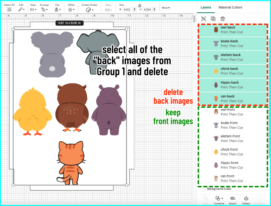 design space screenshot showing max print then cut area guide shape with front and back images for 6 designs that will be created using double sided print then cut. Front images and back images are labeled in the layers panel