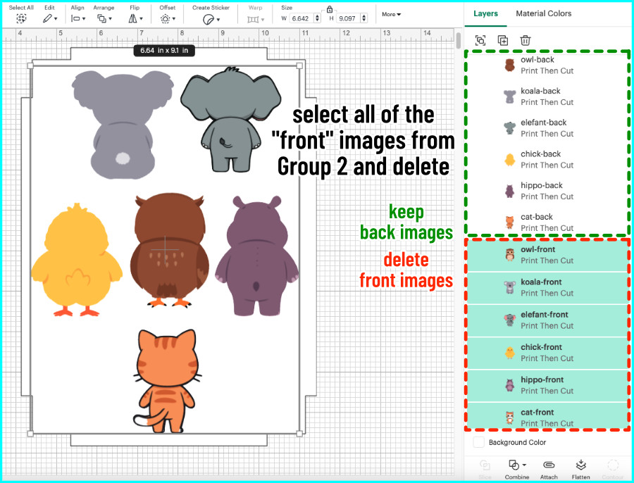 design space screenshot showing max print then cut area guide shape with front and back images for 6 designs that will be created using double sided print then cut. Front images and back images are labeled in the layers panel. This group will become the sheet of back images