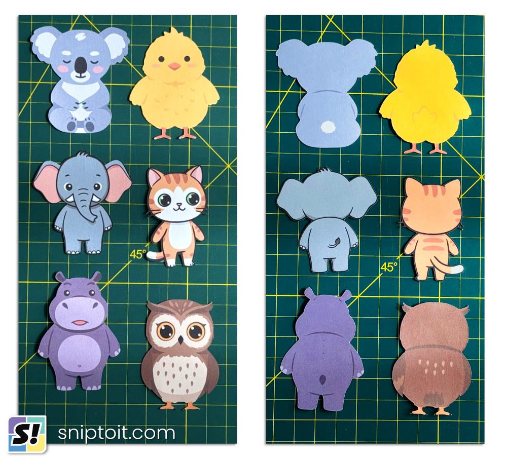 double-sided print then cut results: 6 cardstock animals printed front and back 