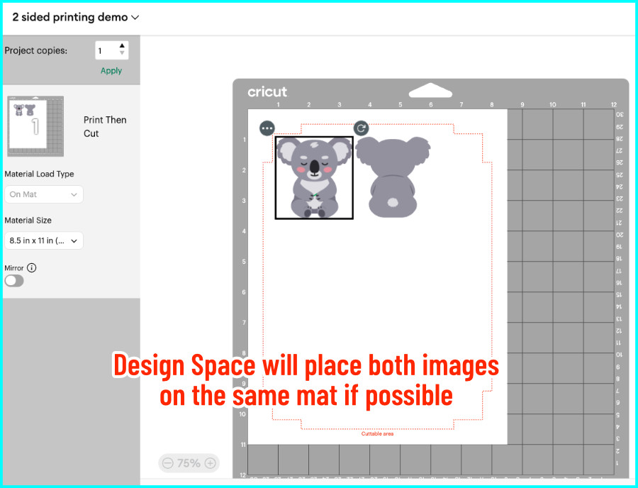 set load and go screen in design space, showing both front and back images of a design automatically placed on the same page, to save space 