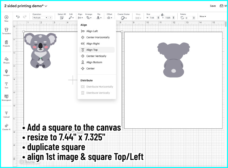 screenshot of design space canvas showing front image being aligned on a guide square shape to lock in its position for print and cut