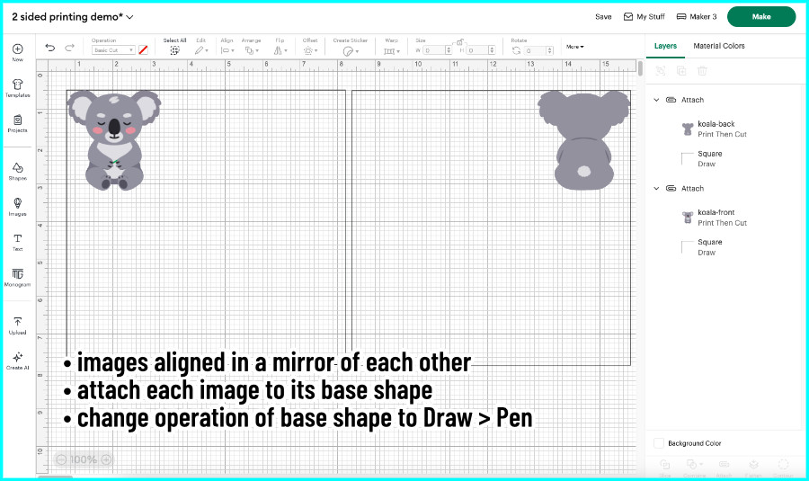 design space screenshot showing front and back images of a koala design attached to guide squares to lock in their positions for print then cut double sided printing