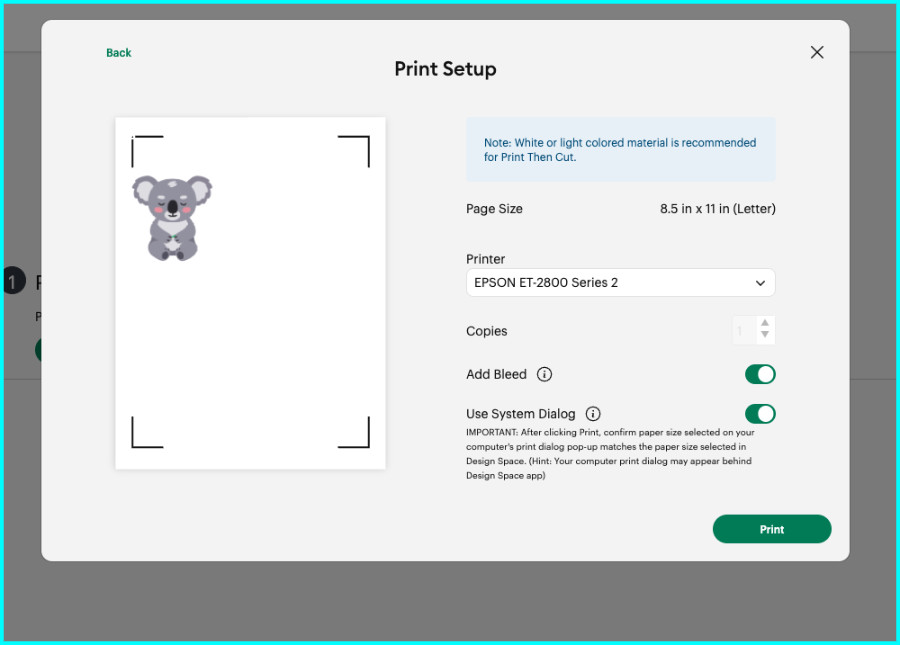 screenshot of design space as front image is prepared for a double sided print then cut, showing the printer dialog open