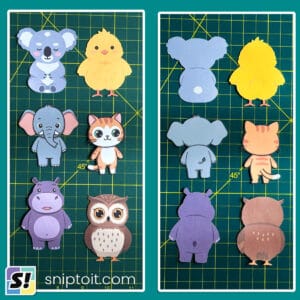 side by side images of print and cut cartoon characters showing the front side and the back side printed in perfect alignment
