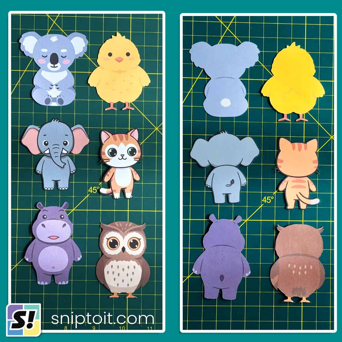 side by side images of print and cut cartoon characters showing the front side and the back side printed in perfect alignment